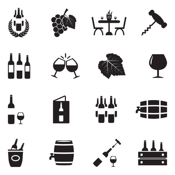 illustrations, cliparts, dessins animés et icônes de icônes de vin. design plat noir. illustration vectorielle. - vin
