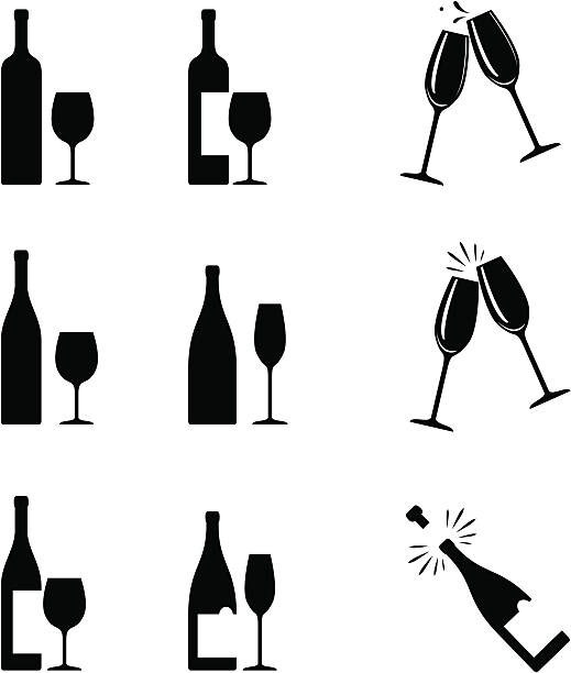 wine icons wine bottles and glasses alcohol drink symbols stock illustrations