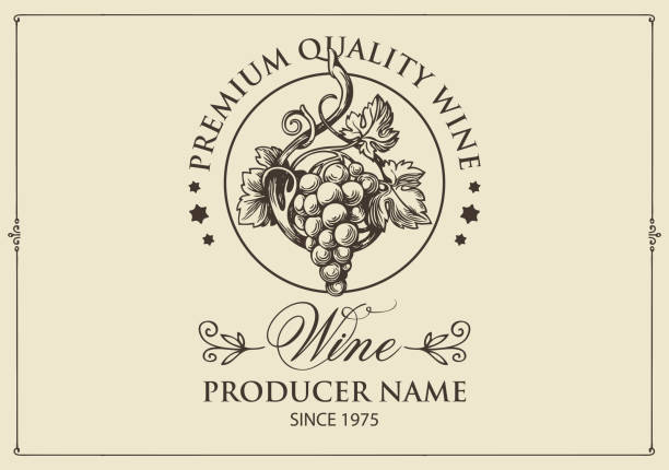 wine label with a hand-drawn bunch of grapes Wine label with a hand-drawn bunch of grapes and calligraphic inscription on a light background. Vector label in retro style for red and white grape wine champagne borders stock illustrations
