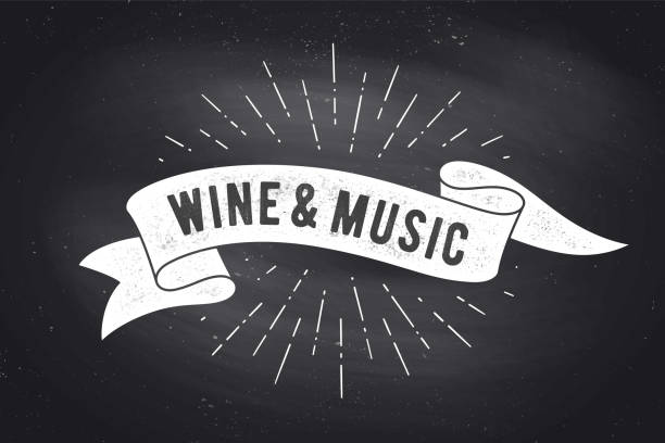 Wine, Music. Vintage ribbon banner Wine, Music. Vintage ribbon banner and drawing in old school style with text Wine, Music. Ribbon in black white color on chalkboard for cafe, bar, restaurant, menu, food court. Vector Illustration award drawings stock illustrations