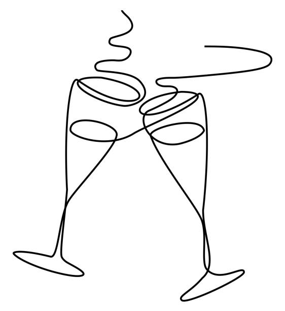 Wine one line drawing New Year abstract background one line drawing champagne silhouettes stock illustrations