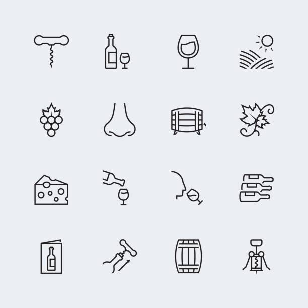 stockillustraties, clipart, cartoons en iconen met wijn verwante vector pictogrammenset in dunne lijnstijl - wijn