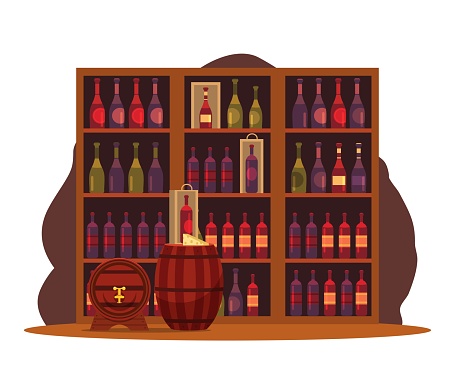 Wine restaurant storage with barrels and bottles background. Wooden winery interior design. Organic produce vector illustration. Beverage traditional business