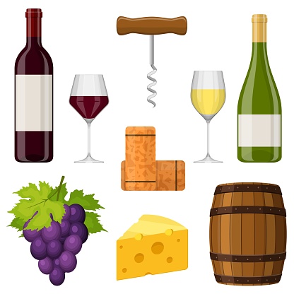 Wine set vector design elements on white background. Wine bottle, wine glass, cheese, corkscrew, cork, grape and barrel. Winemaking in flat style. Vector illustration
