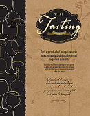 Vector illustration of a stylized wine themed design template. For background: wine glass pattern on left and paper bag texture on right. Retro vintage label reads 'Wine Tasting celebration'. Placeholder text below. See my portfolio for similar templates.