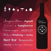 Wine type illustration on red abstract triangle background. With rubber stamp, wine icons and wine bottle. Eps8.