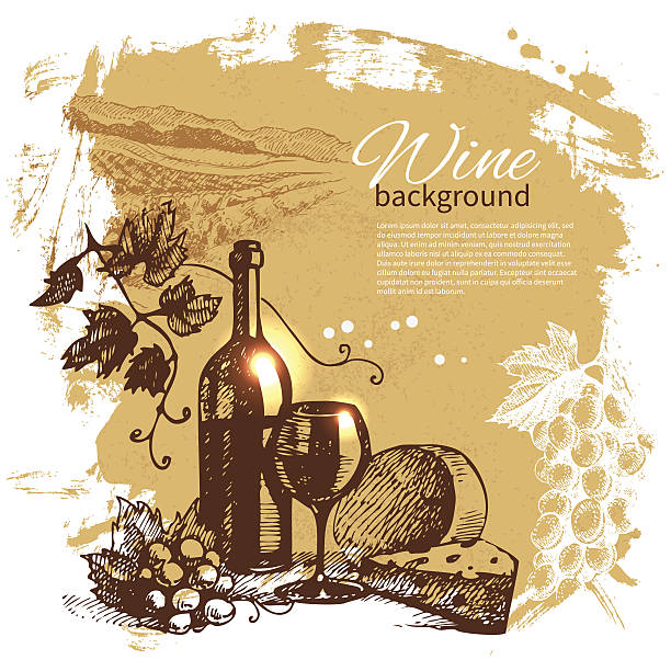 Wine vintage background Hand drawn illustration. Splash blob retro design cheese silhouettes stock illustrations