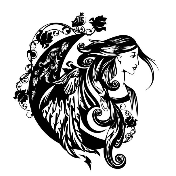 winged flora goddess black and white vector beautiful winged woman with crescent moon among rose flowers - floral fairy black and white vector portrait butterfly fairy flower white background stock illustrations