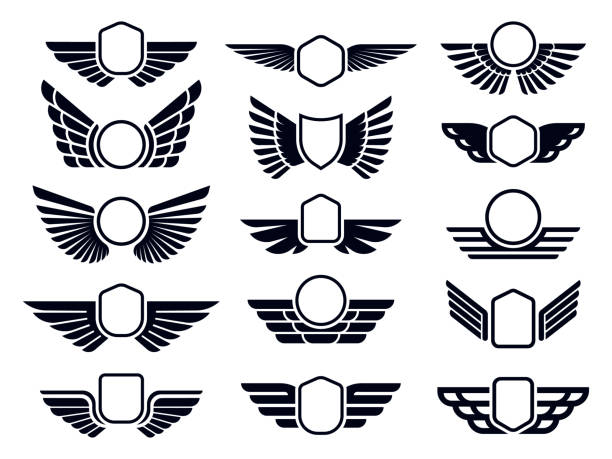 Winged frames. Flying bird shield emblem, eagle wings badge frame and retro aviation fast wing symbol vector set Winged frames. Flying bird shield emblem, eagle wings badge frame and retro aviation fast wing. Delivery cargo labels or military wings insignia. Isolated symbols vector set military borders stock illustrations