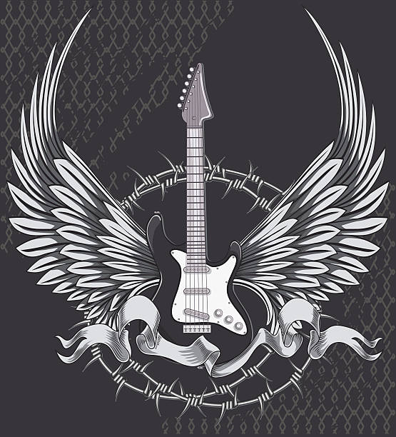 Winged guitar rock-styled music design, layered vector artwork guitar patterns stock illustrations