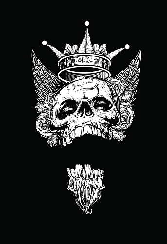 Winged King Skull with Roses and Crown