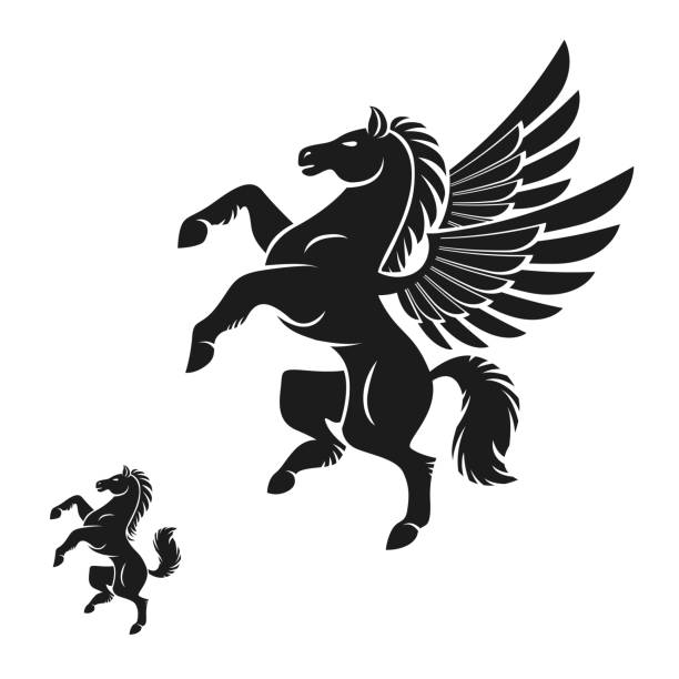 Winged Pegasus and Horse ancient emblems elements set. Heraldic vector design elements collection. Retro style label, heraldry.  pegasus stock illustrations