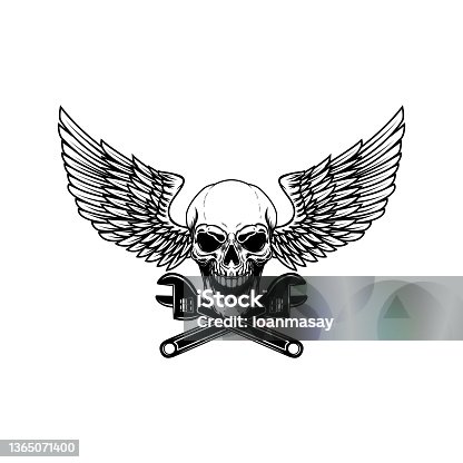 istock Winged skull with crossed wrenches. Design element for emblem, sign, badge. Vector illustration 1365071400