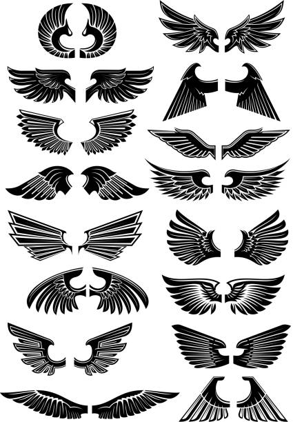 Wings heraldic icons symbols Wings heraldic icons. Birds and angel wings silhouette for tattoo, heraldry or tribal design. Vector gothic armor element metal clipart stock illustrations