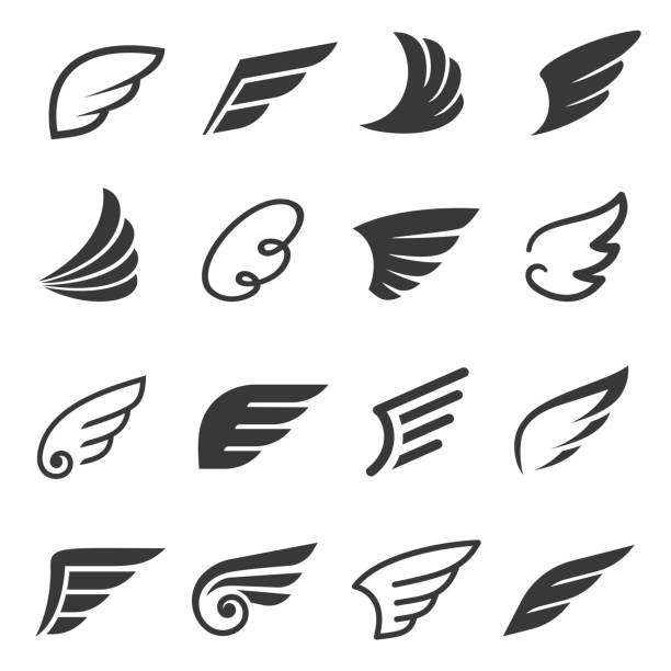 Wings icon set, angel or bird symbol Wings icon set, angel or bird symbol. Freedom and decoration for design, tattoo. Vector line art illustration isolated on white background bird icons stock illustrations