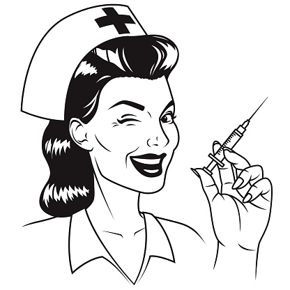 Winking Nurse with Syringe Retro Line Art