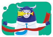 vector illustration of winner businessman bull holding trophy and crossing finish line