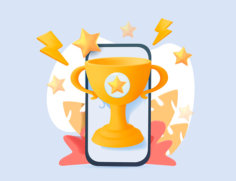Winner cup on smartphone screen. Promotion discount present point, customer promo surprise. 3D Web Vector Illustrations.