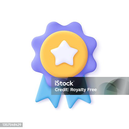 istock Winner medal with star and ribbon. 3d vector icon. Cartoon minimal style. Premium quality, quality guarantee symbol. 1357548429