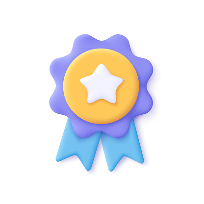 Winner medal with star and ribbon. 3d vector icon. Cartoon minimal style. Premium quality, quality guarantee symbol.