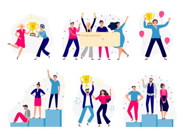 Winners people. Happy couple win gold cup, office workers team win cash check and successful winner standing on podium flat vector illustration set Winners people. Happy couple win gold cup, office workers team win cash check and successful winner standing on podium. Teamwork employee reward. Flat isolated vector illustration icons set award illustrations stock illustrations