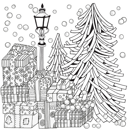 冬大人ぬりえ本ランタンは夜に輝きますクリスマス ツリーとプレゼントクリスマス ホリデーの塗り絵黒と白 - いたずら書きのベクターアート素材や