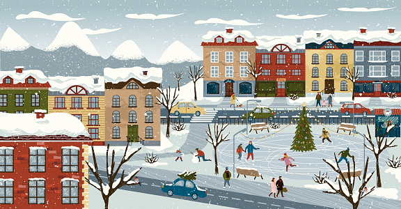 Winter and christmas holiday city landscape. Vector illustration of cute scandinavian town with ice skating rink. Family with kids playing snow on a street. Winter season background poster