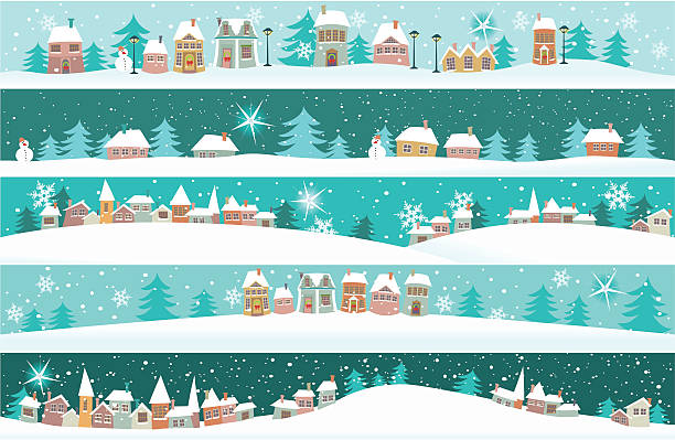 Winter banners with cartoon houses Five winter banners with small houses - cartoon holiday background. village stock illustrations
