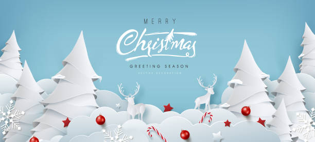 Winter christmas composition in paper cut style.Merry Christmas text Calligraphic Lettering Vector illustration.  holiday card stock illustrations