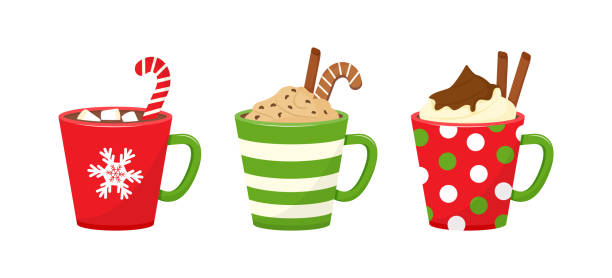 겨울 크리스마스 컵음료. 핫 초콜릿, 코코아 또는 커피, 크림을 곁들인 휴일 머그잔. 사탕 지팡이, 계피 스틱, 마시멜로. 벡터 - cocoa stock illustrations