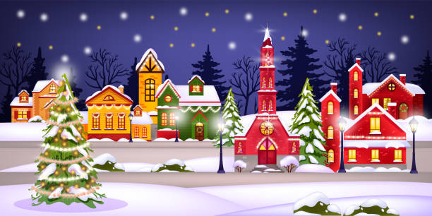 Winter Christmas landscape with holiday town, snow, houses, night sky, stars,decorated pine. X-mas noel background with small village street, church, forest silhouette.Christmas houses vector postcard christmas lights house stock illustrations