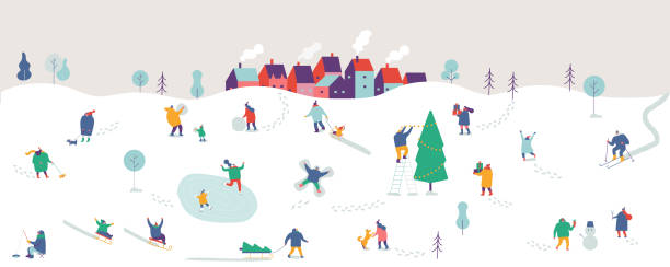 ilustrações de stock, clip art, desenhos animados e ícones de winter city with people horizontal banner. - woman holding a christmas gift