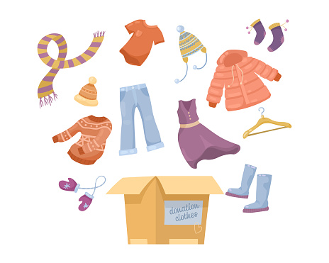 Winter clothes for donation cartoon illustration set