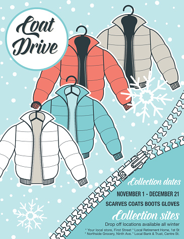 Winter Coat Drive Charity Tag template. A colorful assortment of coats in shades of blue and faded red. Clothing collection or charity drive.