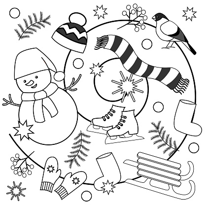 Winter Coloring Pages For Kids And Adults Stock Illustration - Download