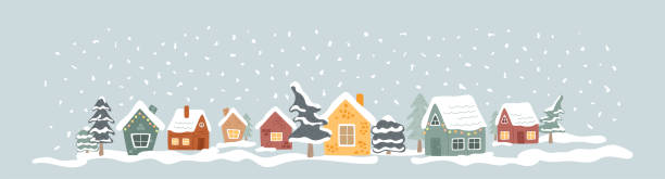 Winter cozy houses in snowfall forest. Abstract Christmas trees. Colored huts collection on blue background. Greeting banner, New Year web footer, border, card.  Vector illustration. christmas lights house stock illustrations