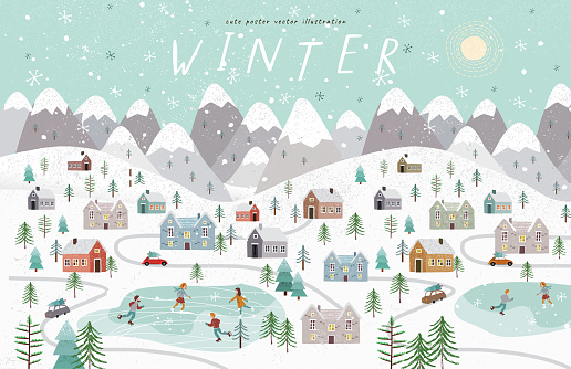 Winter. Cute vector illustration of the Christmas, New Year winter landscape with houses, mountains, people, trees and a skating rink. Top vieц