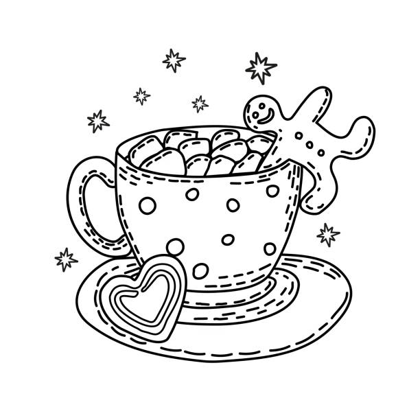 Winter drink with marshmallow and gingerbread man. Coloring book. Icon. Vector. Winter drink with marshmallow and gingerbread man. Coloring book. Icon. Vector. gingerbread man coloring page stock illustrations
