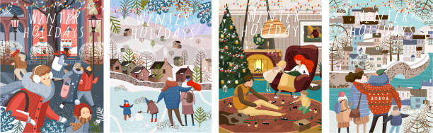 stockillustraties, clipart, cartoons en iconen met winter familie vakantie. leuke vector illustratie van een familie en mensen winkelen in het nieuwe jaar en kerstmis, wandelen in de stad en thuis in een gezellige woonkamer. tekeningen voor kaart, achtergrond of - hugging outside