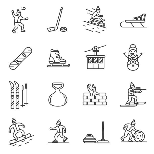 stockillustraties, clipart, cartoons en iconen met winter games iconen instellen. bewerkbare beroerte. - curling