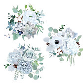 Winter grey and green jade color vector design bouquets. Ranunculus, succulent, anemone, hydrangea, cotton, brunia, rose, eucalyptus, greenery. Trendy pastel wedding collection. Isolated and editable
