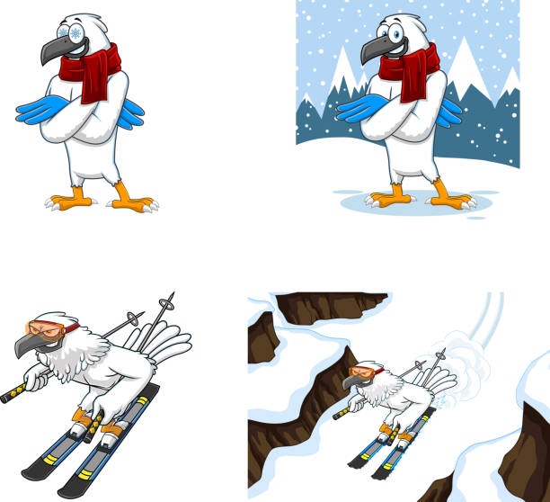 stockillustraties, clipart, cartoons en iconen met winter hawk bird cute cartoon karakters - posing with ski
