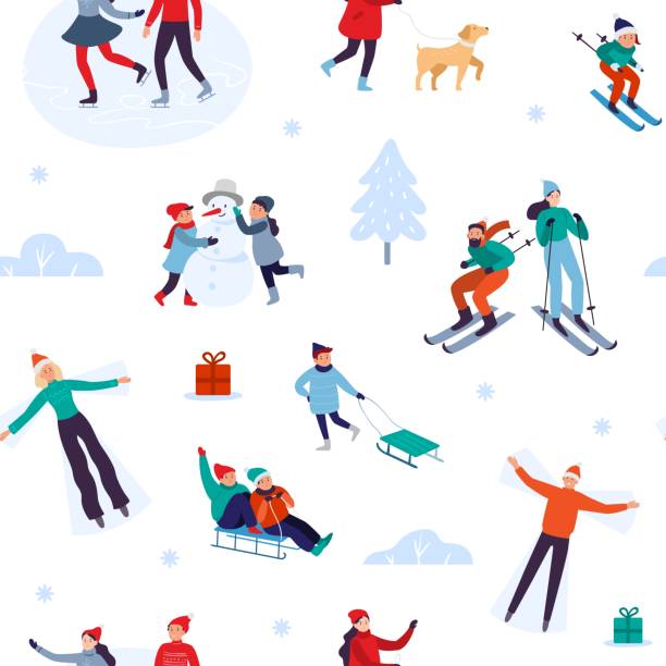 stockillustraties, clipart, cartoons en iconen met winter vakantieactiviteiten naadloze patroon. gelukkige mensen wandelen buiten, december vakantie en winters snow fun vector illustratie - posing with ski