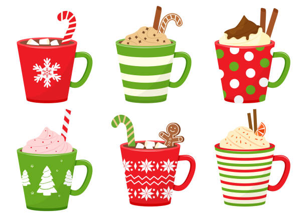 зимние праздничные чашки с напитками. кружки с горячим шоколадом, какао или кофе и сливками. пряничное печенье человека, леденец, палочки ко - cocoa stock illustrations