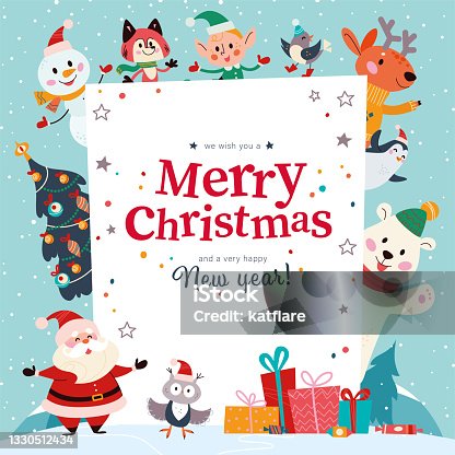 istock Winter holiday illustration with cute animals, Santa Claus, elf character, fir tree, text congratulation at snowy mountain landscape. 1330512434