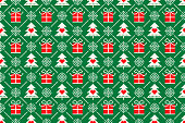Winter Holiday Pixel Seamless Pattern with Christmas Symbols. Christmas Trees, Snowflakes, and Present Boxes Ornament. Scheme for Knitted Sweater Pattern Design or Cross Stitch Embroidery
