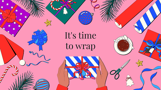 Winter holidays gift wrapping concept background
