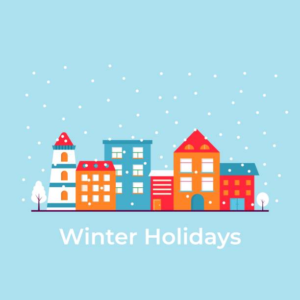 Winter holidays in the city, modern house with snowflake. Christmas city landscape. Flat vector illustration. Landing page template  christmas lights house stock illustrations