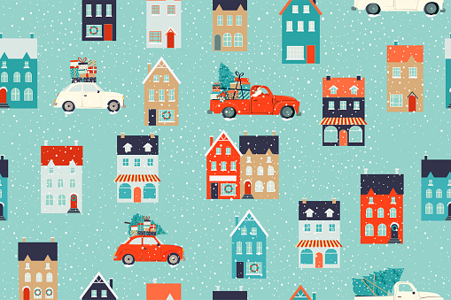 Winter houses for Christmas and Red retro car with a fir tree and gifts. Christmas fabrics and decor. Seamless pattern.