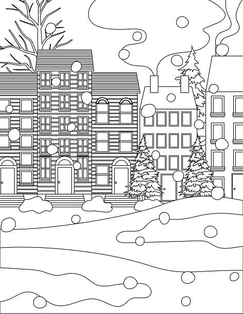 Winter Houses In The Snow Coloring Book Page Vector Art Illustration